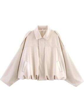 Women's White Faux Suede Long Sleeve Oversized Bomber Jacket Coat